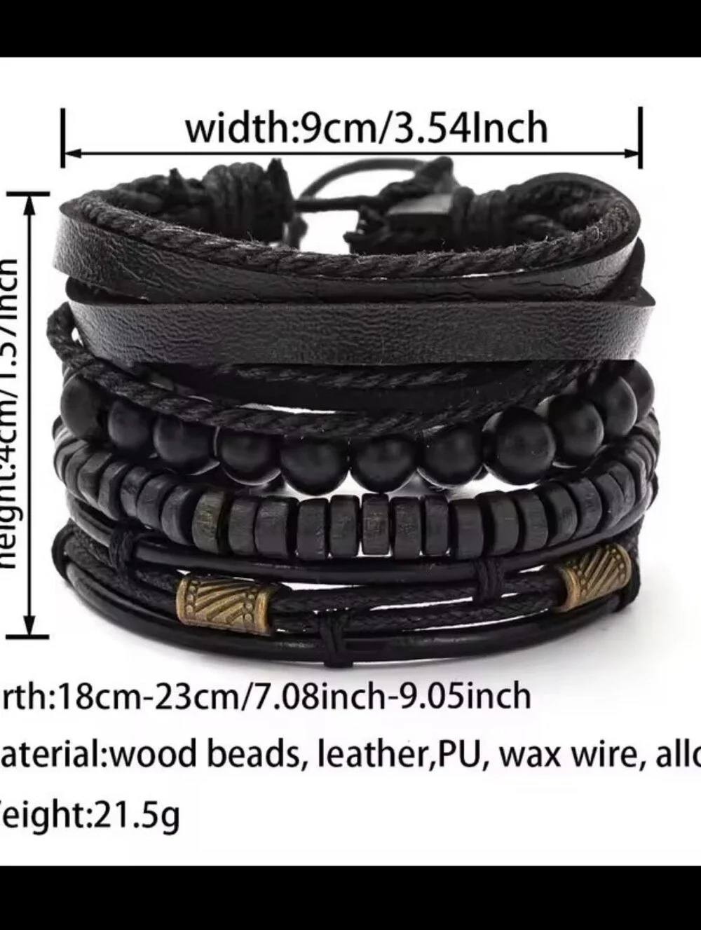 Men's Black Layered Leather & Bead‎ Bracelet Stack Jewelry G14